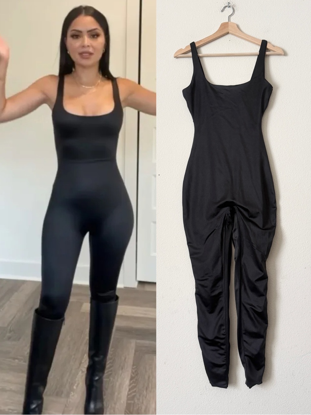 Skims MEDIUM black shine square neck no front seam tank onesie